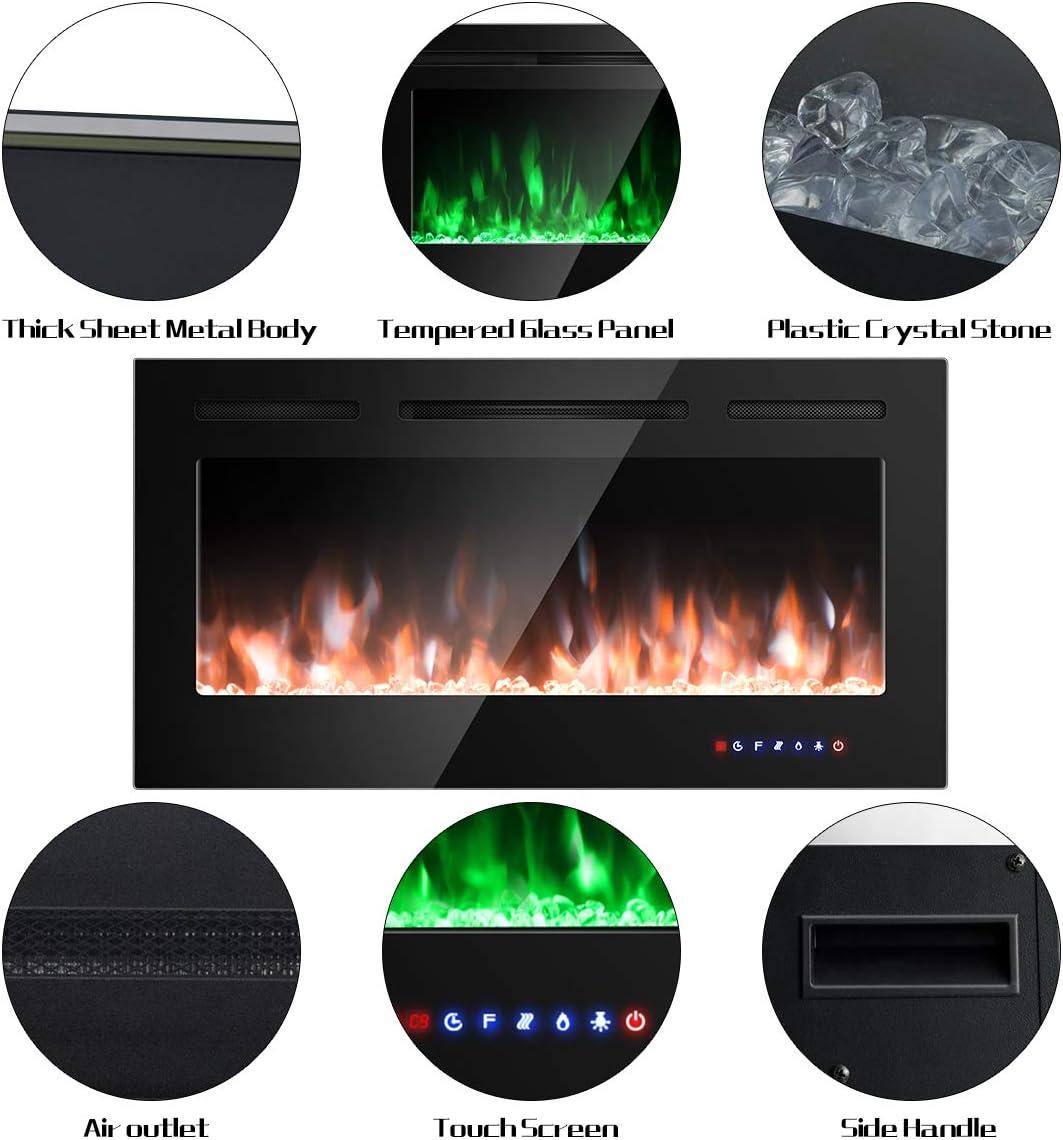 Tangkula 36"/40"/50" Recessed Electric Fireplace Wall Mounted Heater w/Remote Control 750W/1500W mode Adjustable Flame