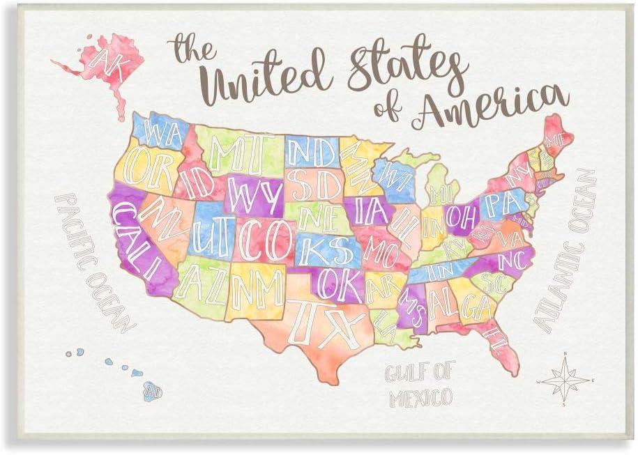 The Kids Room by Stupell United States US Map Water Color Wall Plaqueby Erica Billups