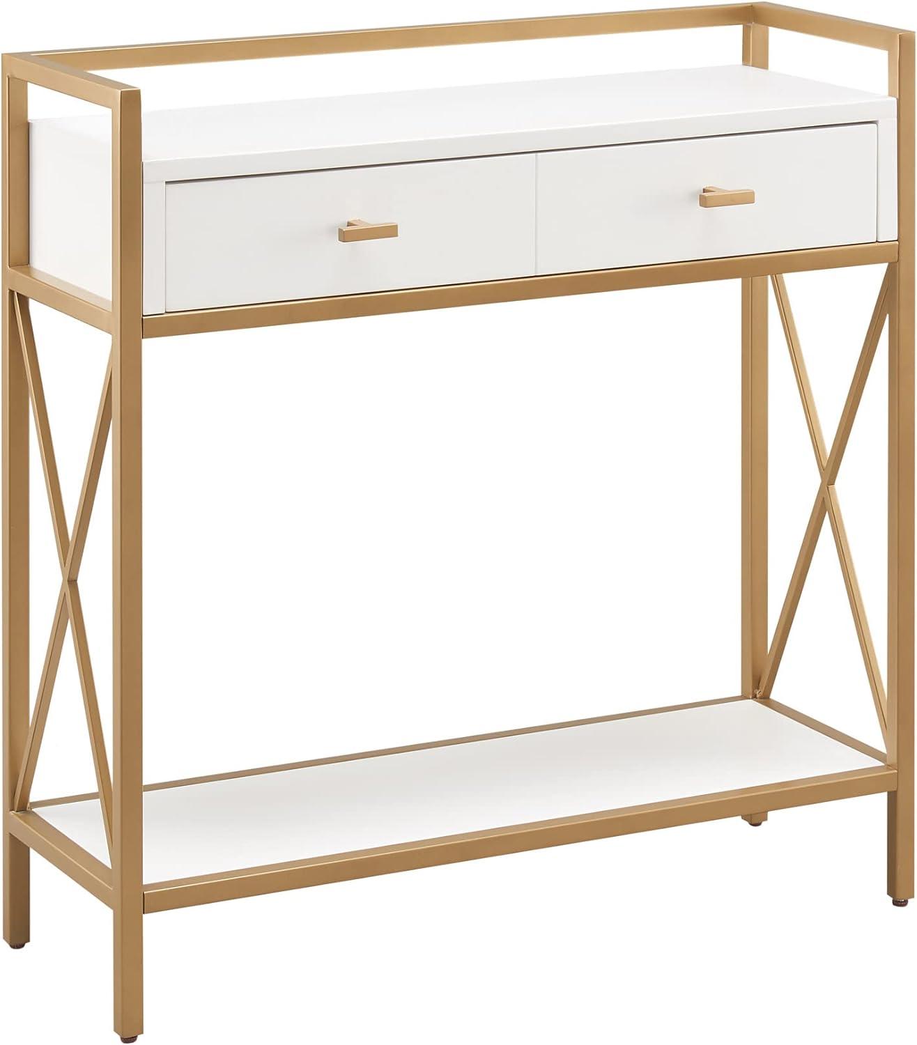 Claudette White and Gold Metal Wood Console Table with Storage