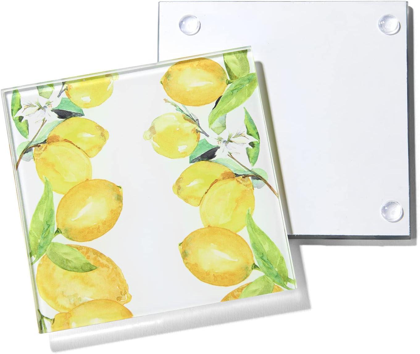 American Atelier, Square, Yellow Glass Drink Coasters (Lemon Branches), Set of 4