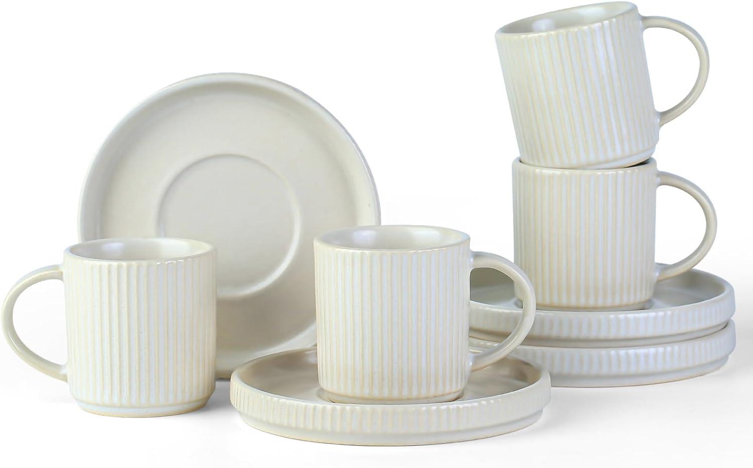 Matte White Ribbed Ceramic Espresso Cups and Saucers Set of 4