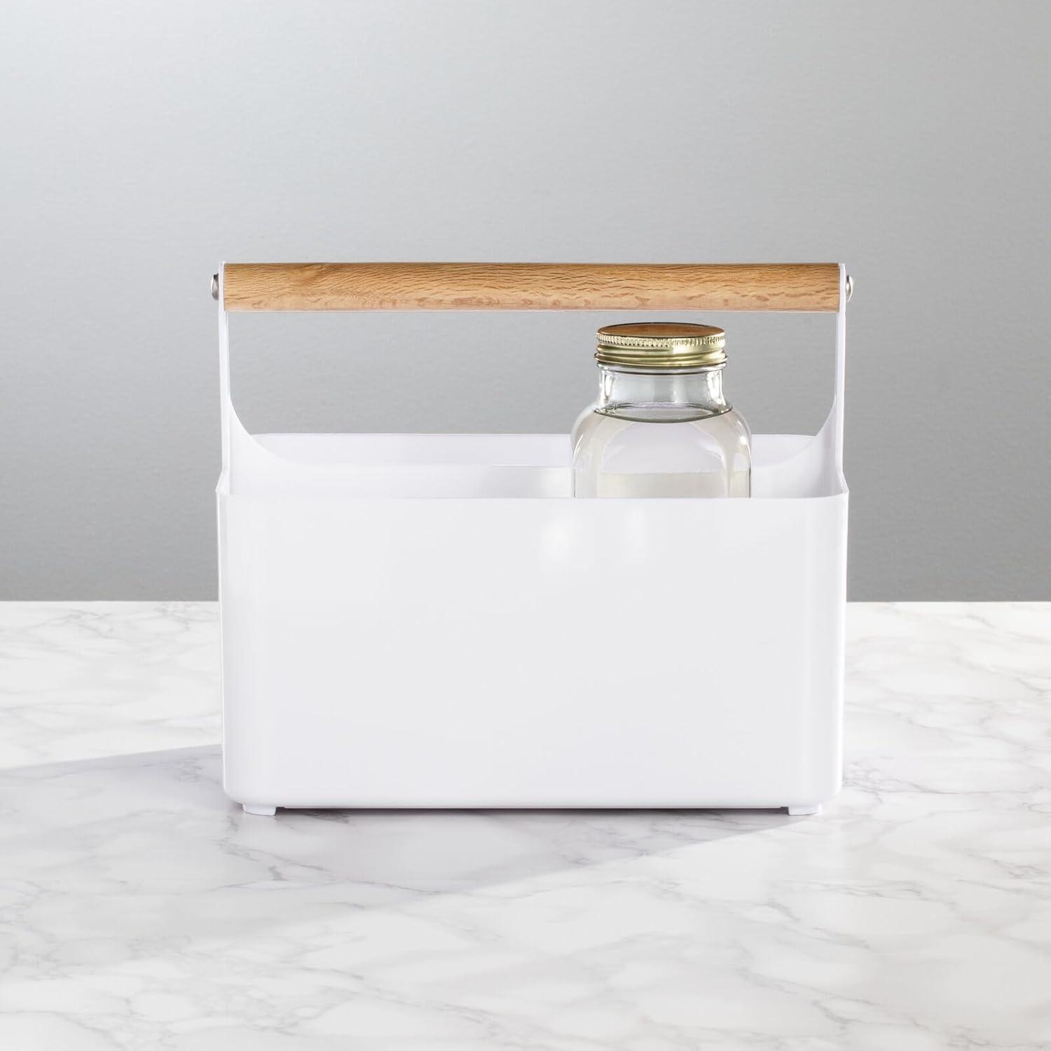 mDesign Plastic Portable Shower Caddy Divided Basket Bin Storage Organizer with Bamboo Handle for Bathroom, Dorm, Shelf & Cabinet Holds Shampoo, Conditioner - Aura Collection, White/Natural