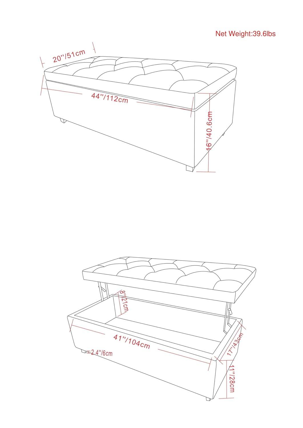 Simpli Home Hamilton 44"W Upholstered Lift-Top Storage Ottoman with Nailhead Trim and Tufted Detailing