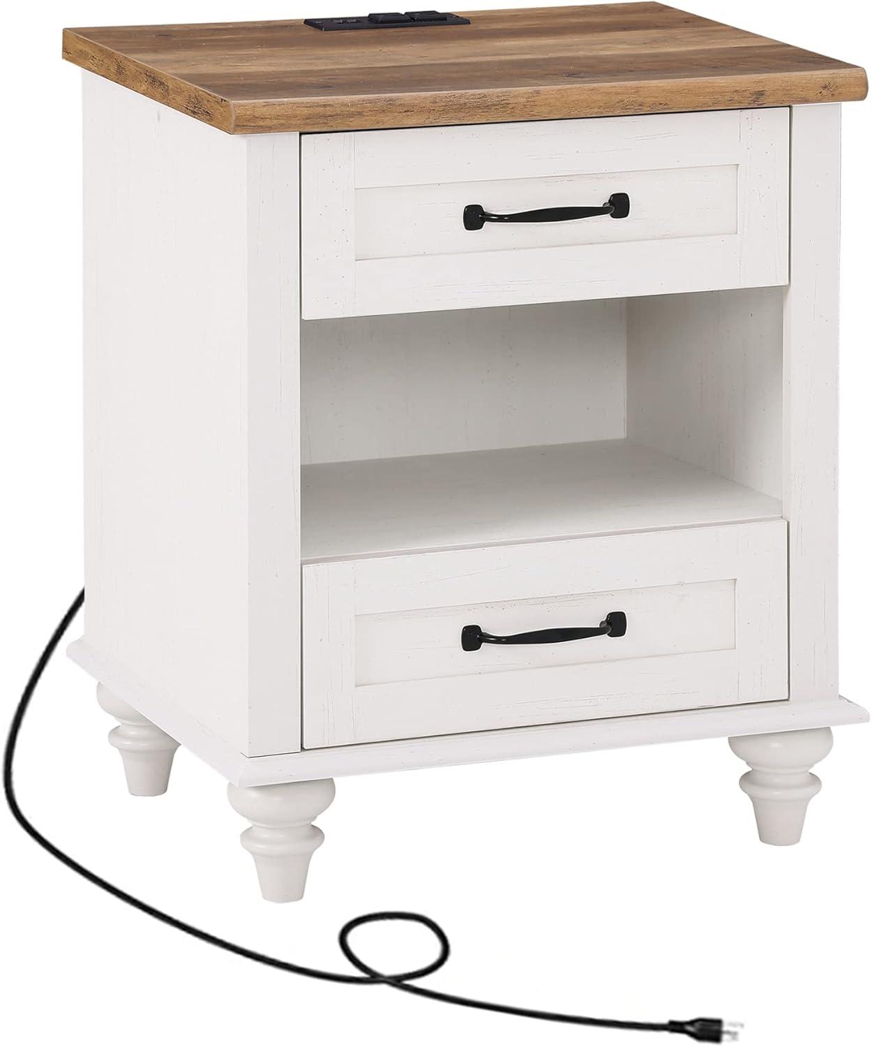 Antique White and Oak 2-Drawer Nightstand with Charging Station