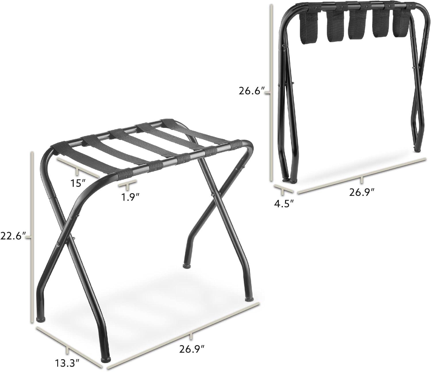 BINO 2-Pack Folding Luggage Rack Collapsible Metal Suitcase Stand With Durable Black Nylon Straps- For Bedroom, Guest Room, Or Hotel (Gray Steel)