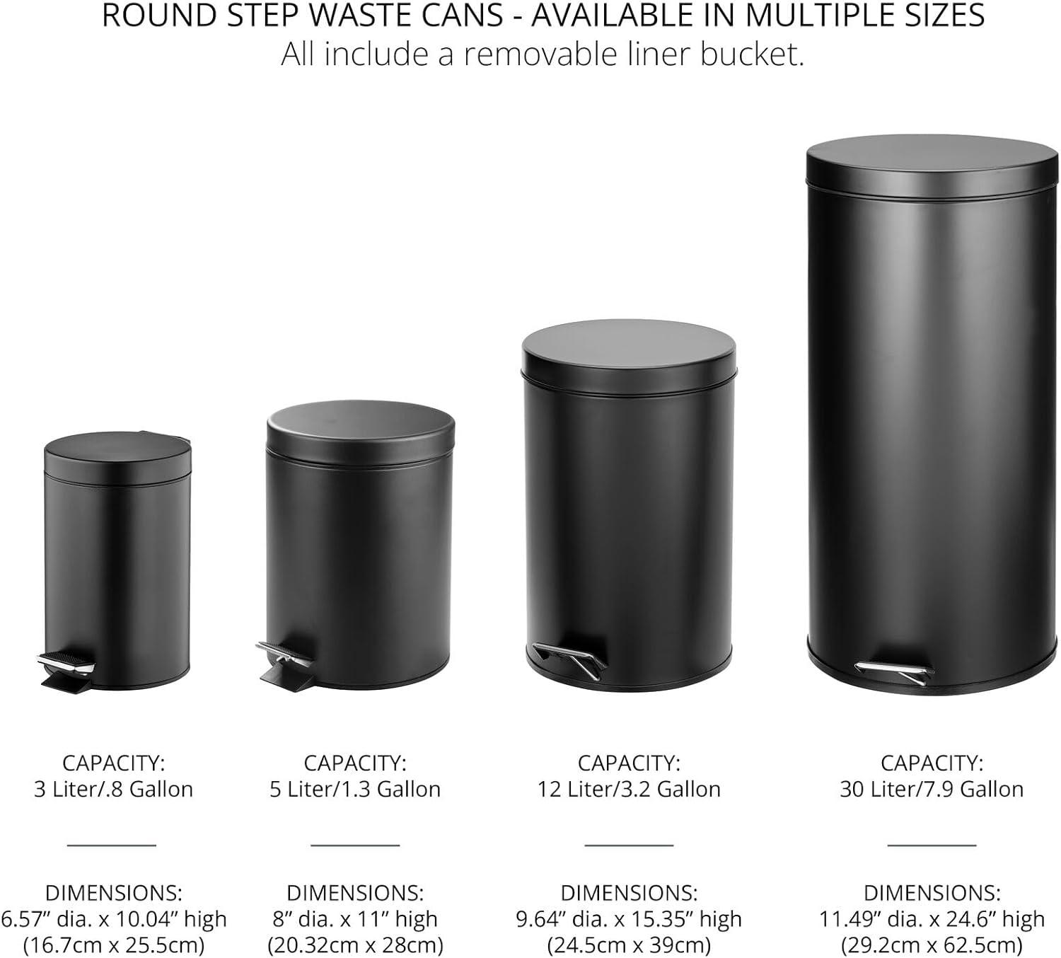 mDesign  3-Liter Round Metal Step Trash Can, Liner/Handle - Black