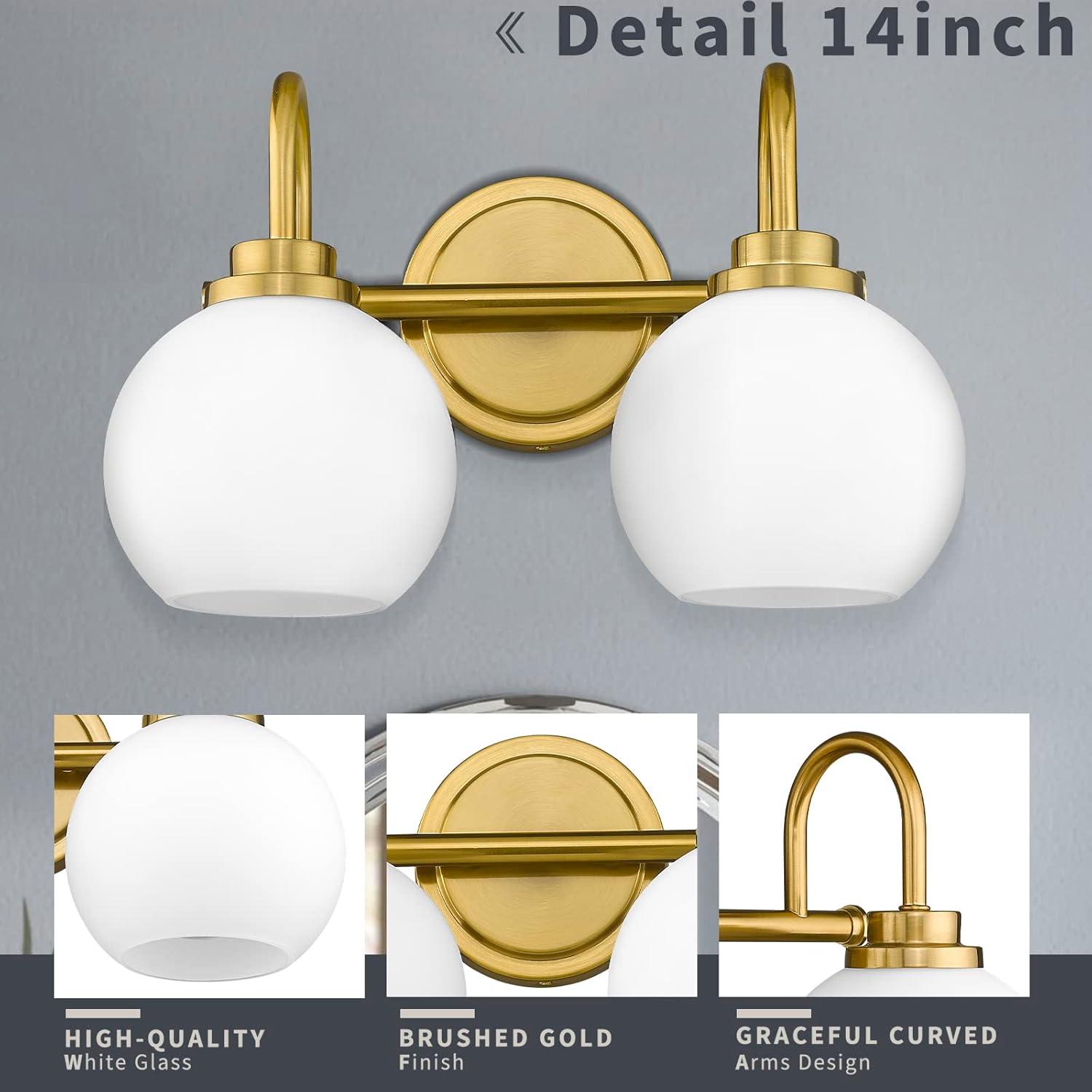 14.17 in. 2-Light Gold Vanity Light with Milk White Glass Shade, Suitable for Bathrooms Dining Room Powder Rooms