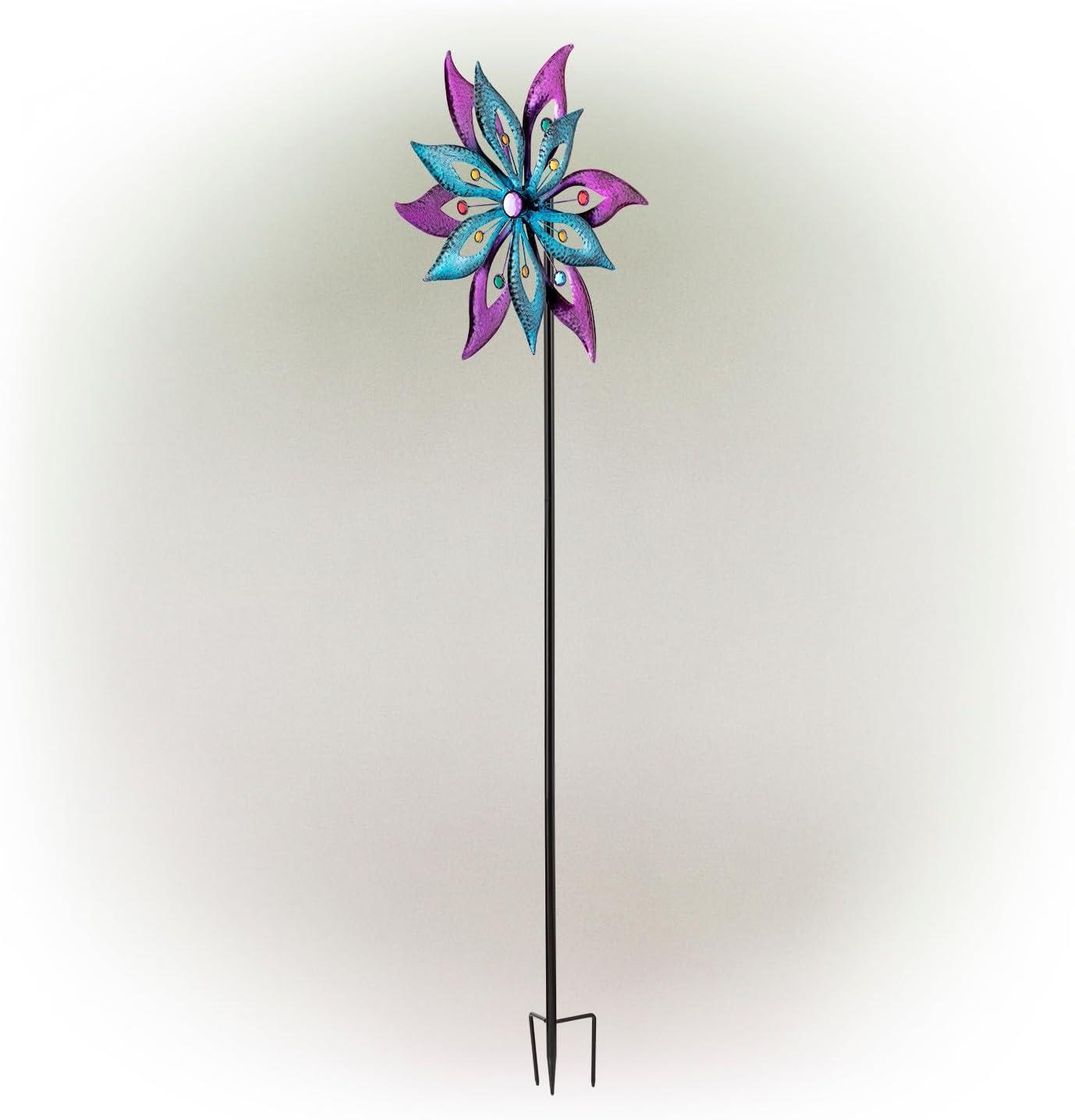 Purple and Aqua Floral Metal Wind Spinner Stake, 64"