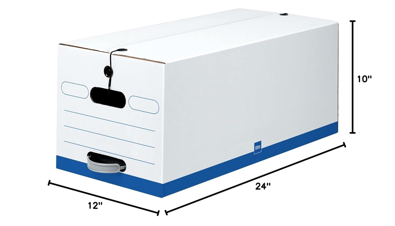 Office Depot® Brand Quick Set-Up Storage Boxes With String & Button Closure, Letter, 24" x 12" x 10", 60% Recycled, White/Blue, Pack Of 12