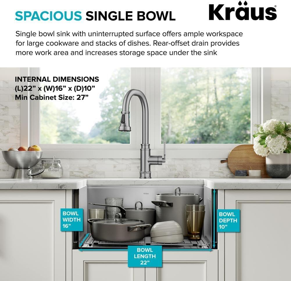 KRAUS Kore™ 24" L Farmhouse Apron Front Workstation 16 Gauge Stainless Steel Single Bowl Kitchen Sink with Accessories