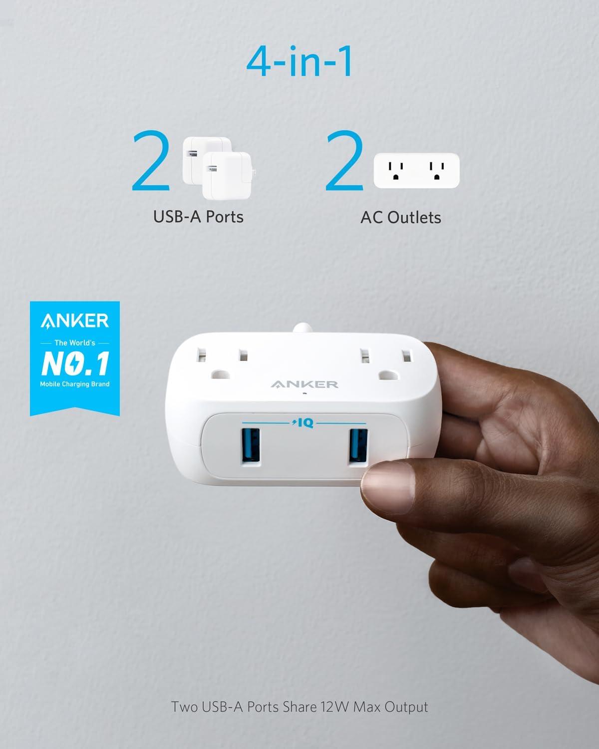 Anker Power Strip with USB PowerExtend USB 2 Mini, 2 Outlets, and 2 USB Ports, Flat Plug, 5 ft Extension Cord, White