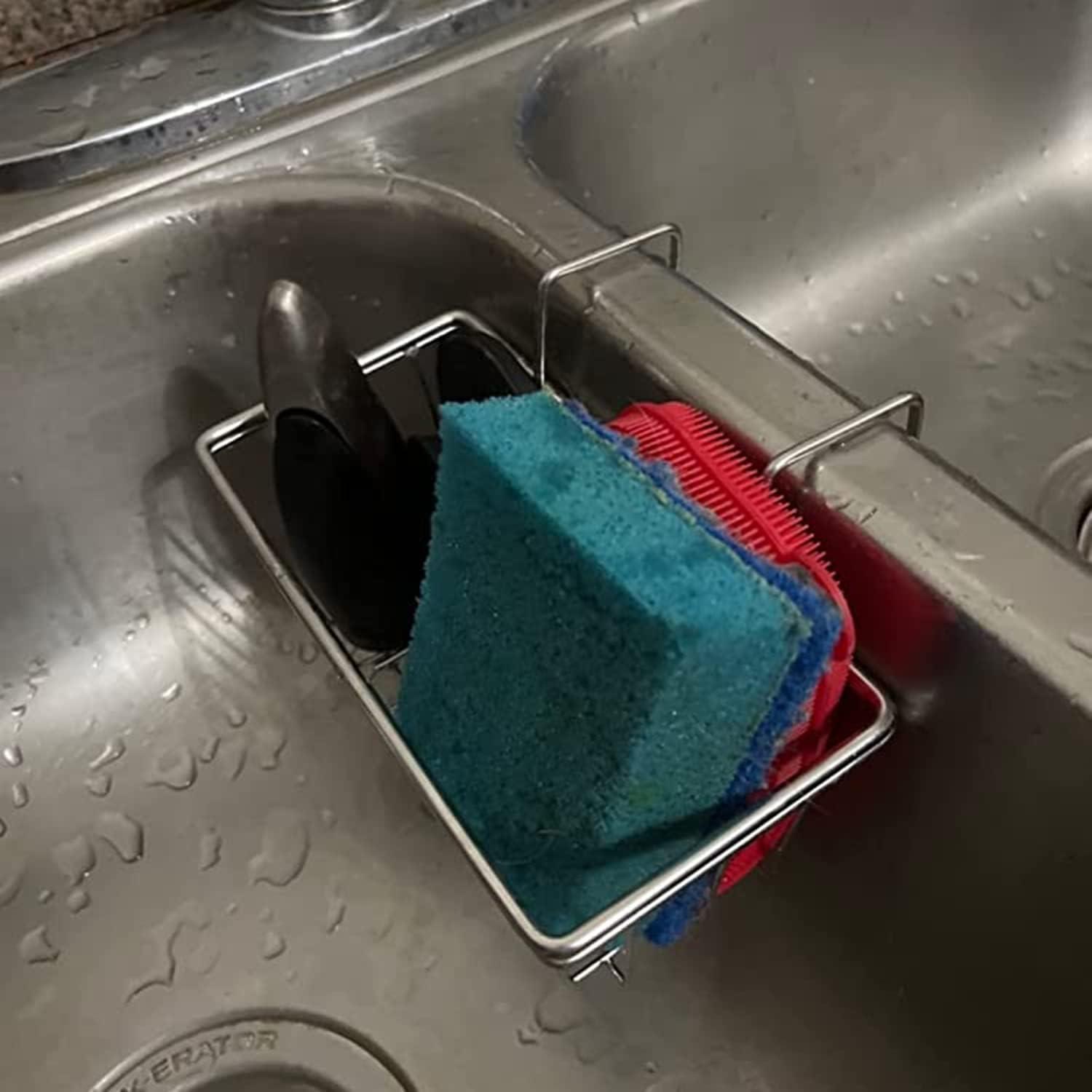 Kitchen Sponge Holder, Stainless Steel Sink Caddy Organizer, Rustproof & Durable Brush Soap Dishwashing Liquid Drainer Basket