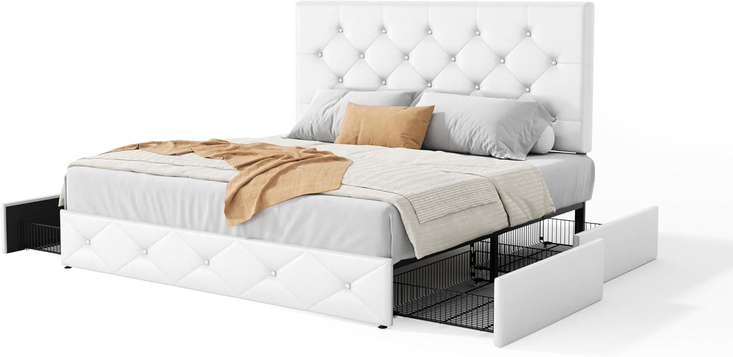 White Full Upholstered Platform Bed with Storage and Tufted Headboard