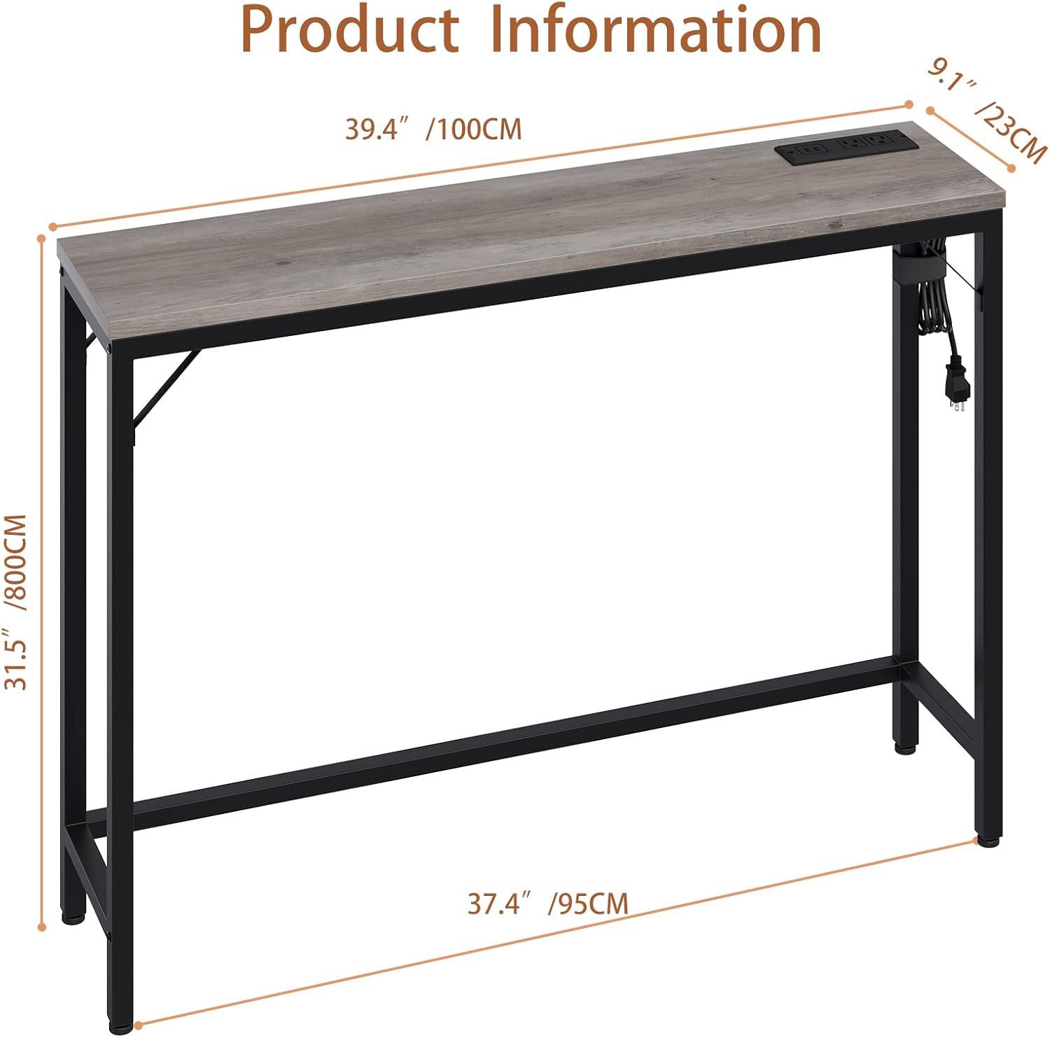 Entryway Table with Power Outlets & USB Ports, Narrow Sofa Table with Charging Station, 39.3" Industrial Console Table, Behind Couch Table for Living Room, Hallway, Foyer, Bedroom