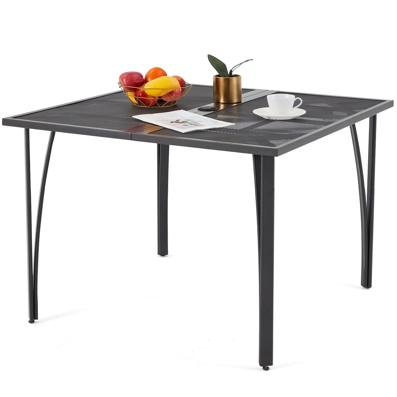 AECOJOY 39.4" Square Patio Dining Table for 4, Outdoor Dining Table with 1.6" Umbrella Hole, All-Weather Resistant Metal Tables for Patio Lawn Deck Backyard Garden Poolside (Dark Grey)