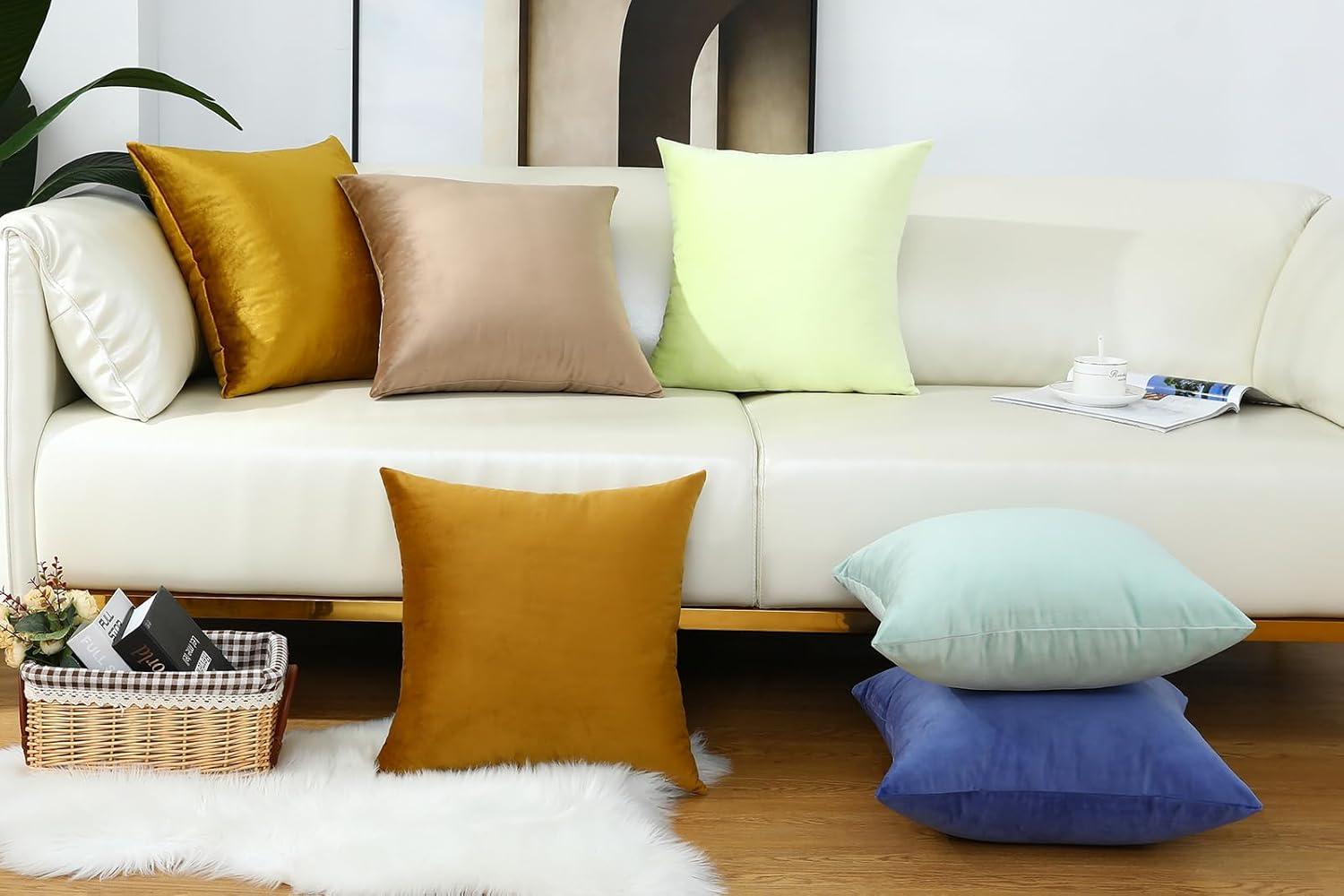 Toptie Set of 2 Velvet Pillow Covers 18" x 18", Throw Cushion Case for Sofa Bedroom (Beige)