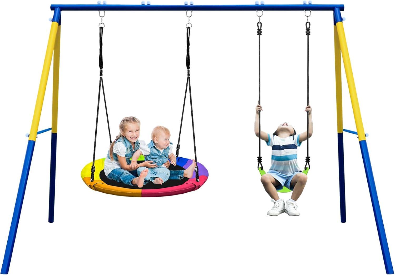 Metal Swing Sets for Backyard - 440 lbs Heavy Duty Swing Stand A-Frame Kids Outdoor Swing Adjustable Ropes Saucer Swing with Frame 2 Seats Playground Sets