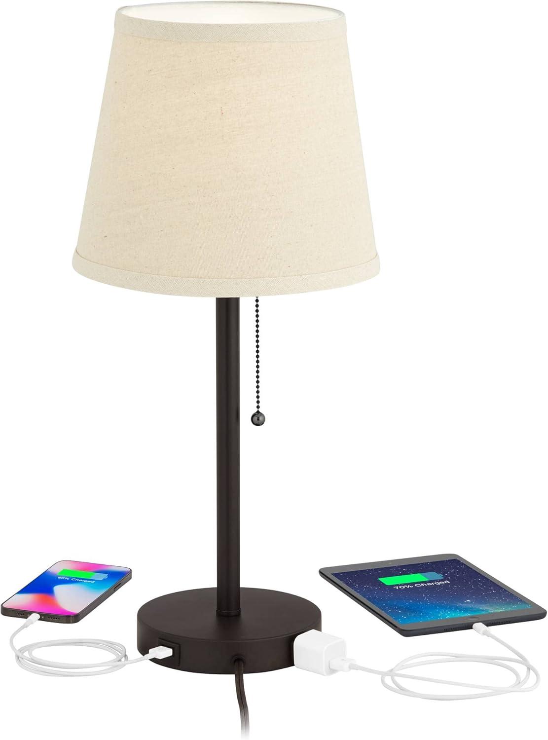 360 Lighting Modern Desk Table Lamp with Hotel Style USB and AC Power Outlet in Base 20" High Bronze Metal Oatmeal Drum Shade for Bedroom Office