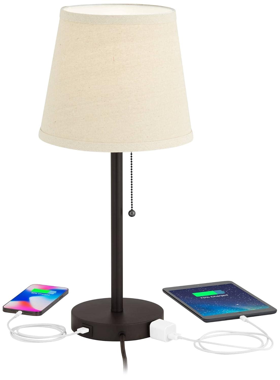 360 Lighting Modern Desk Table Lamp with Hotel Style USB and AC Power Outlet in Base 20" High Bronze Metal Oatmeal Drum Shade for Bedroom Office