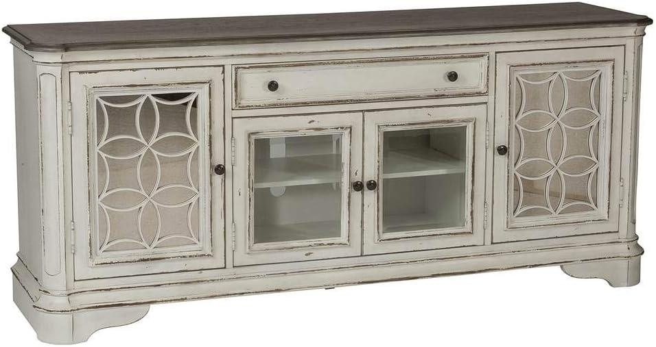 Elegant Antique White 74" Oak & Birch TV Stand with Mirrored Doors