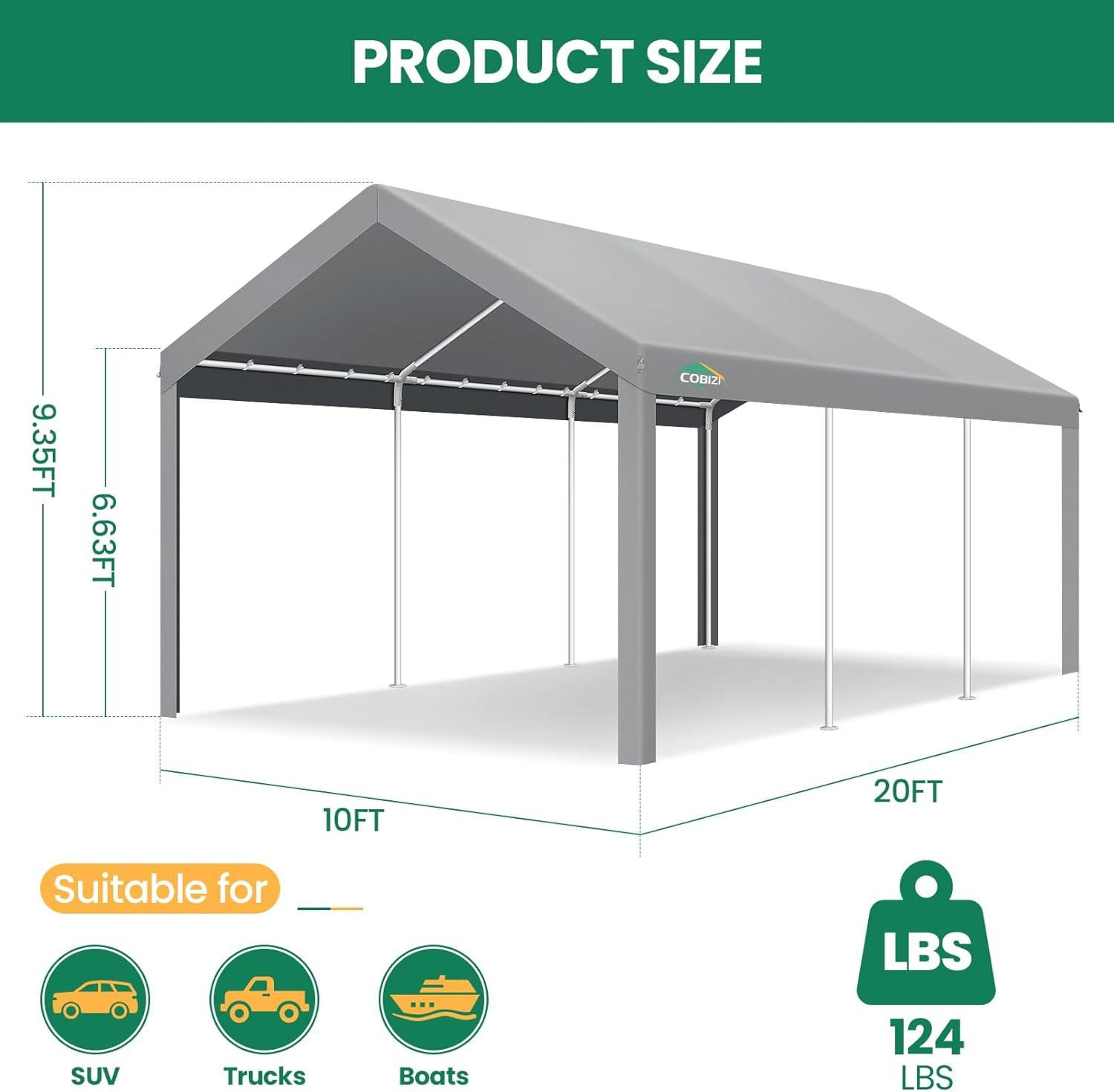 Cobizi Carport 10'x20' Heavy Duty Portable Garage, Upgraded Car Canopy