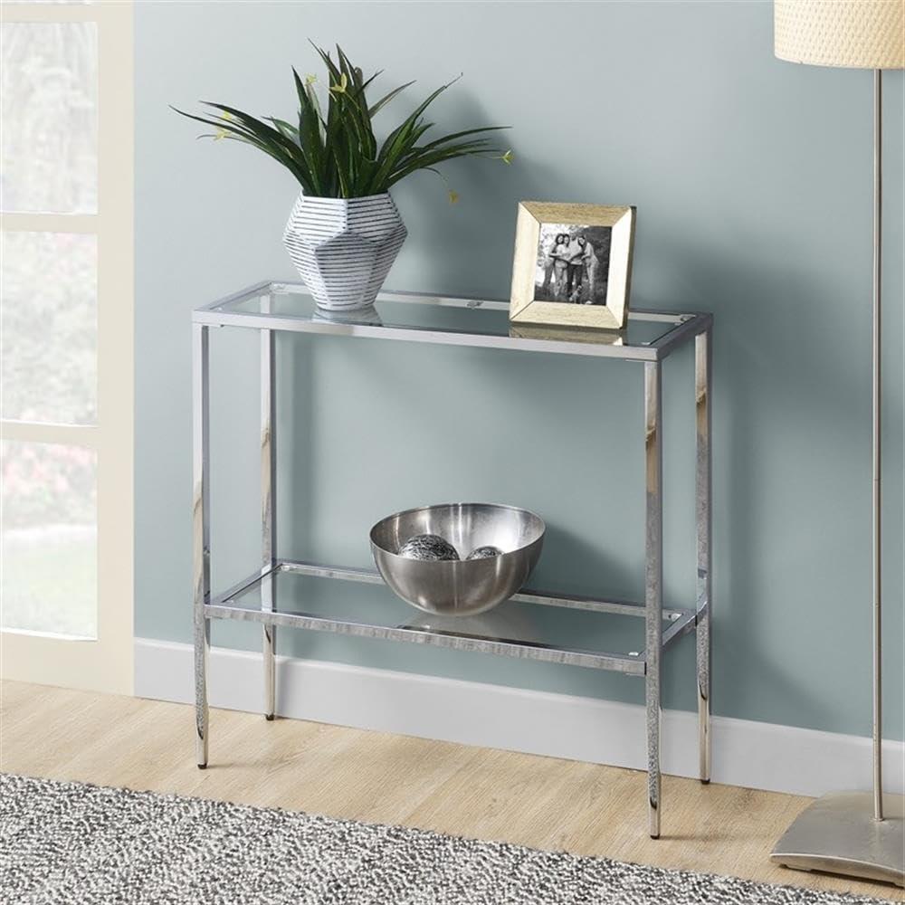 Nadia Chrome Metal Entryway Hall Table with Glass Shelf and Top