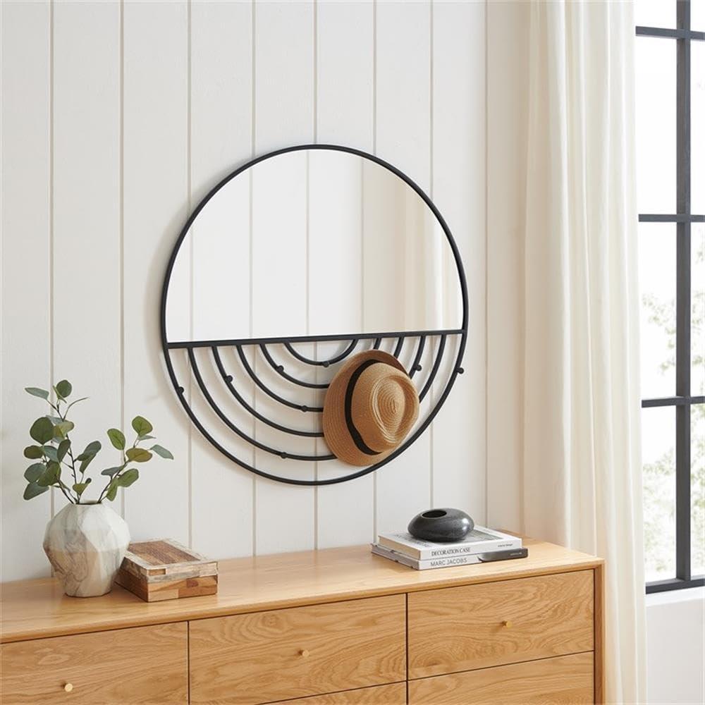 Round Black Metal Wall Mirror with Jewelry Hooks