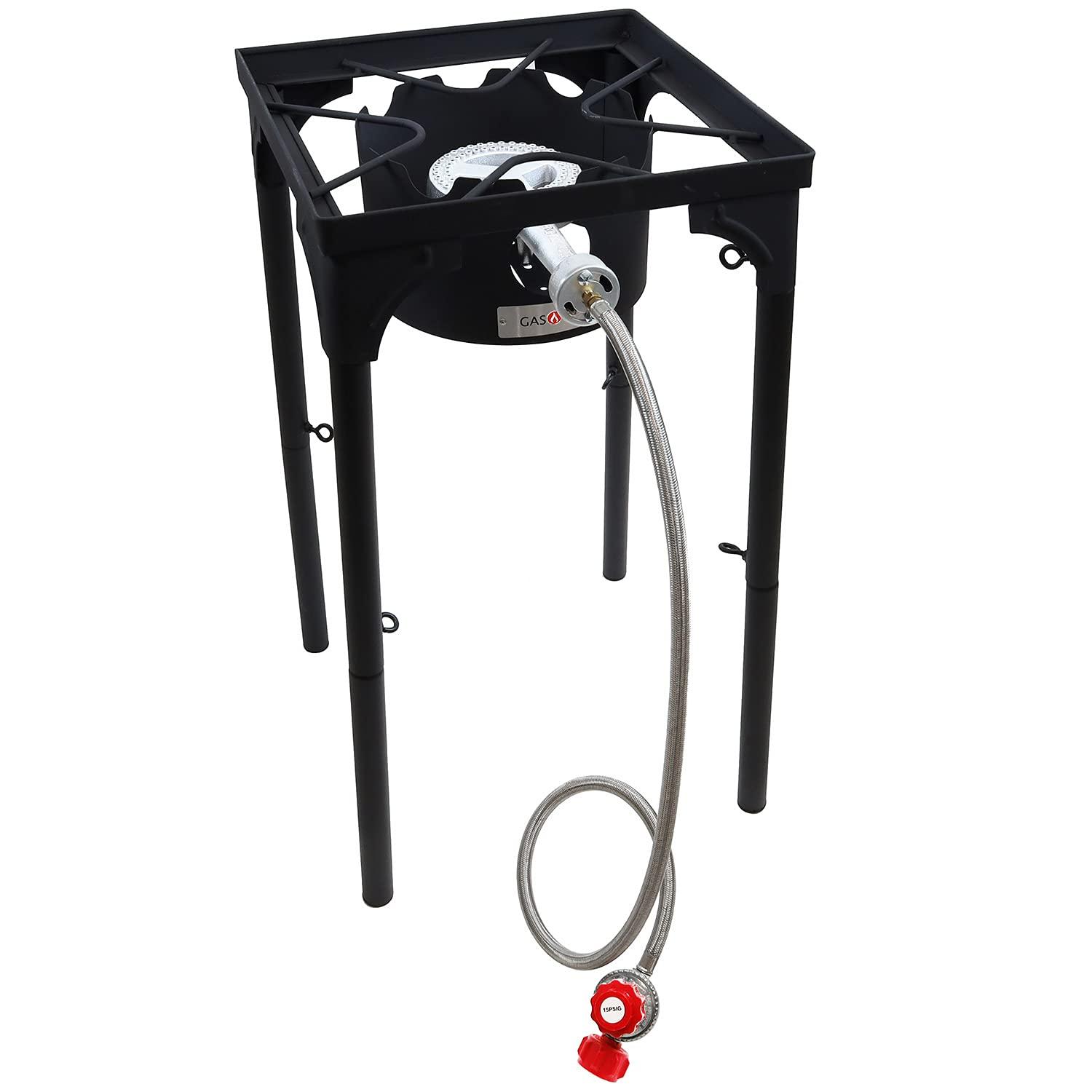 GasOne Propane Single Burner Camp Stove & Red QCC Braided Stainless Steel Regulator with Height