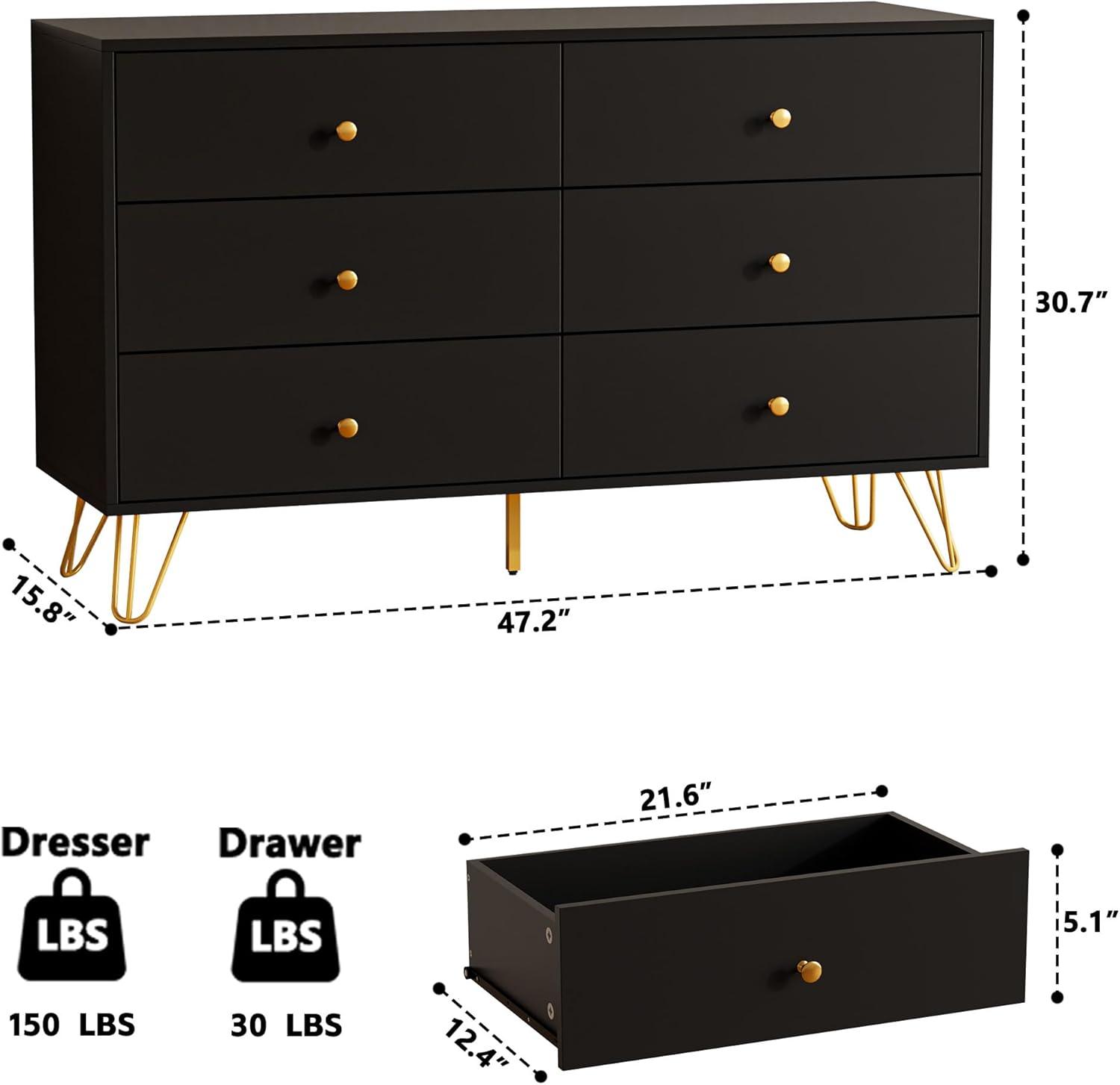 Black Dresser for Bedroom, Modern 6 Drawer Dresser, Wide Chest of Drawers with Gold Handles, Wood Double Dresser Storage Cabinet for Living Room, Bedroom, Hallway