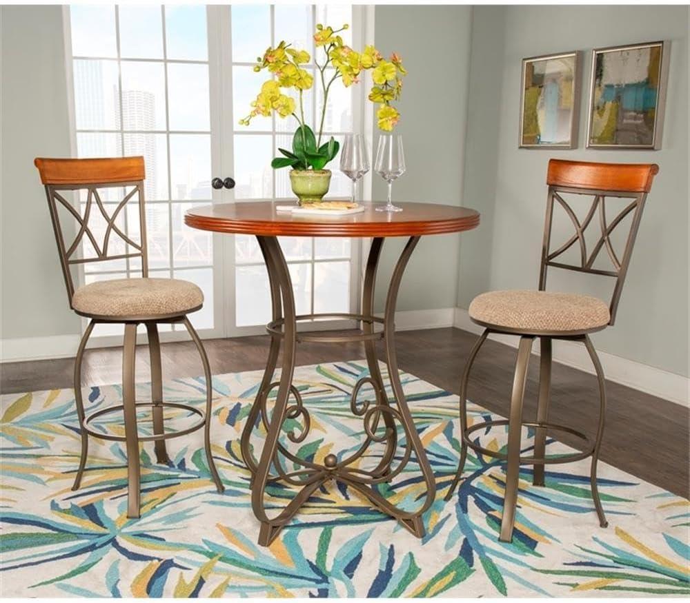 Hamilton 3-Piece Bar Height Pub Set with Swivel, Brushed Faux Medium Cherry Wood with "Matte Pewter and Bronze" Metal