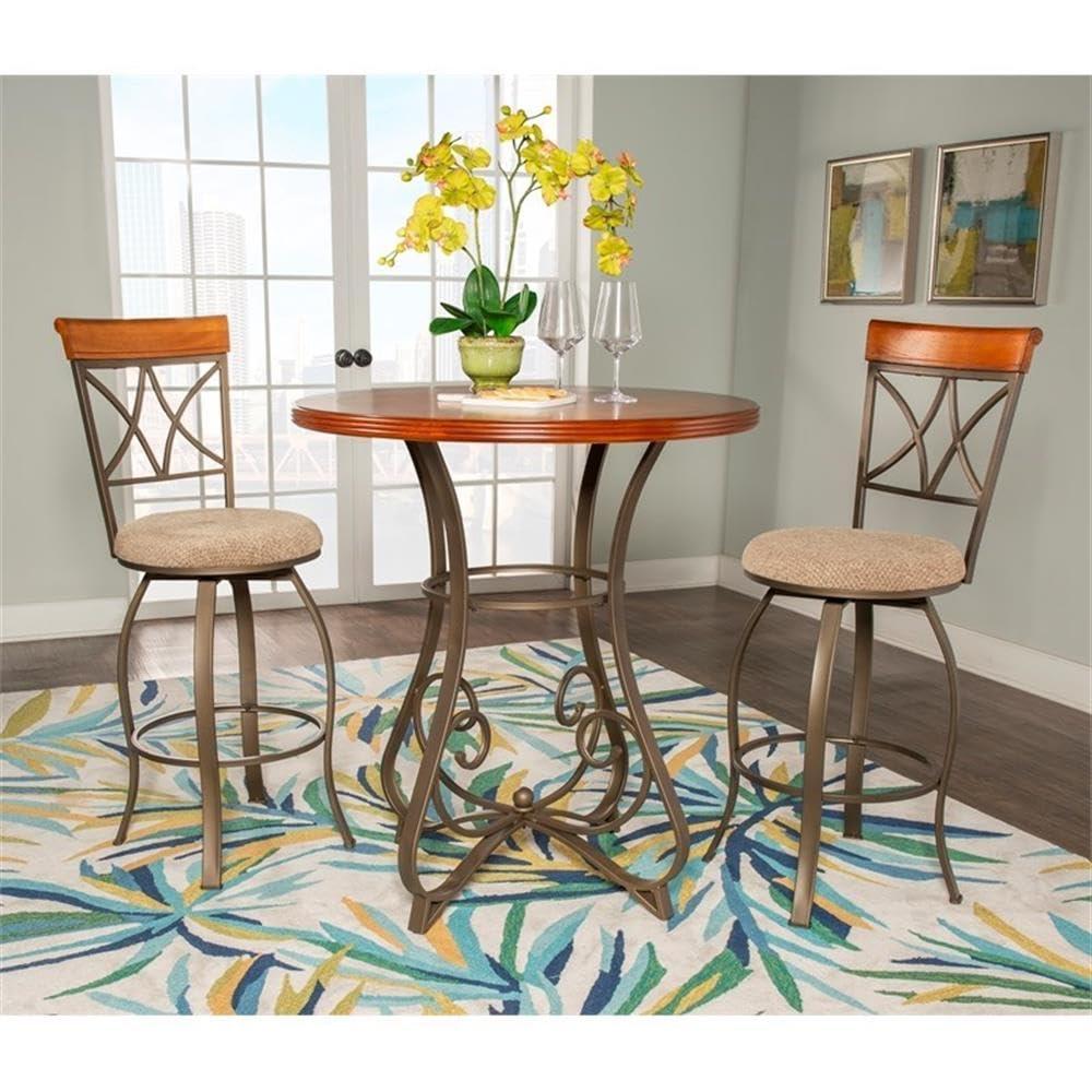 Hamilton 3-Piece Bar Height Pub Set with Swivel, Brushed Faux Medium Cherry Wood with "Matte Pewter and Bronze" Metal