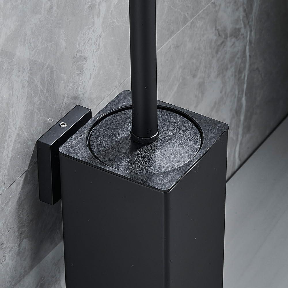 Stainless Steel Toilet Brush & Holder,Wall-Mounted, long handle,Square Toilet Brush Set,Heavy Duty Cleaner for Bathroom, with Removable Plastic Brush (Black)