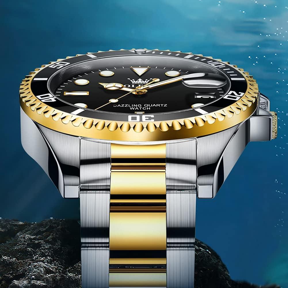 OLEVS Men Watch,Big Dial Watches for Men Stainless Steel Watch with Day Waterproof Analog Quartz Watches for Man Classic Business Wristwatch Luxury Luminous Round for Men Rotatable Bezel Watch
