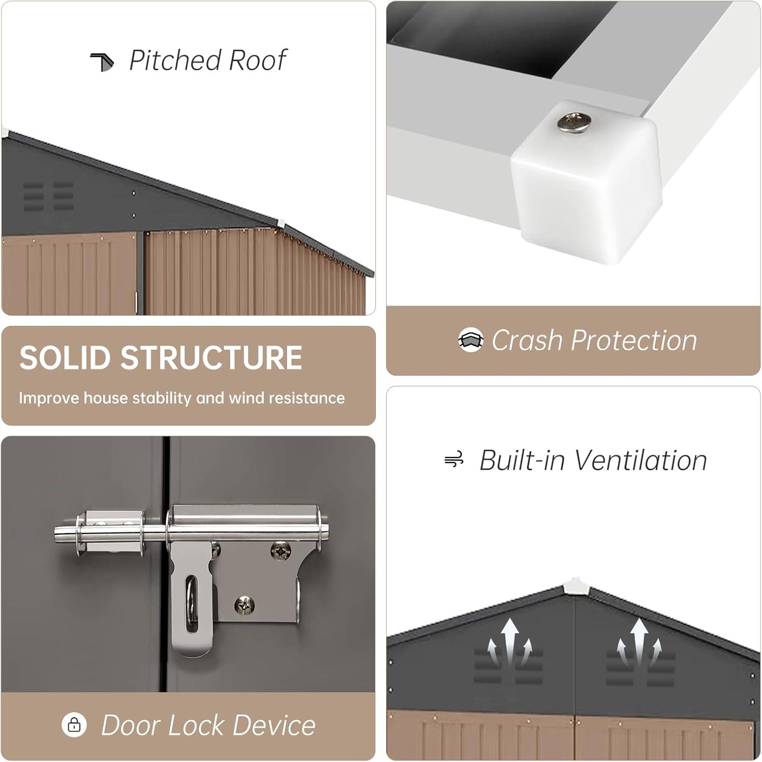 12x10 FT Outdoor Metal Storage Shed Garden Tool House With Lockable Doors and Vent Brown