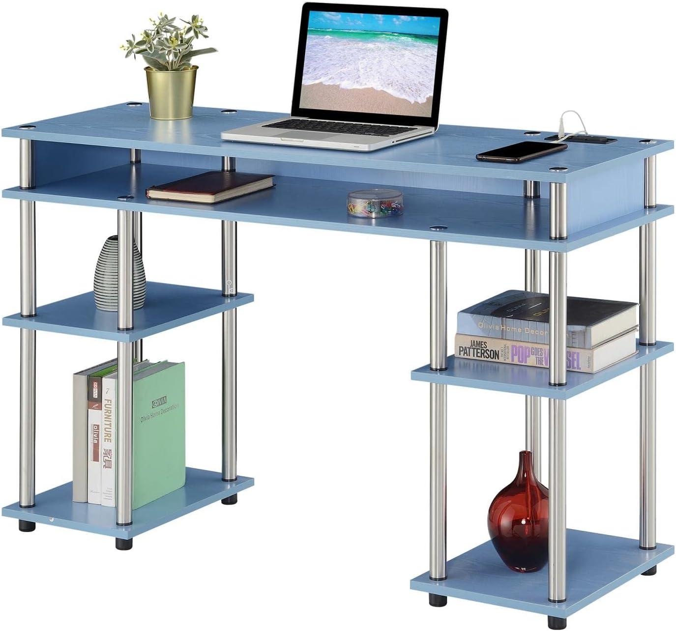 Designs2Go No Tools Student Desk with Charging Station in Blue Wood Finish