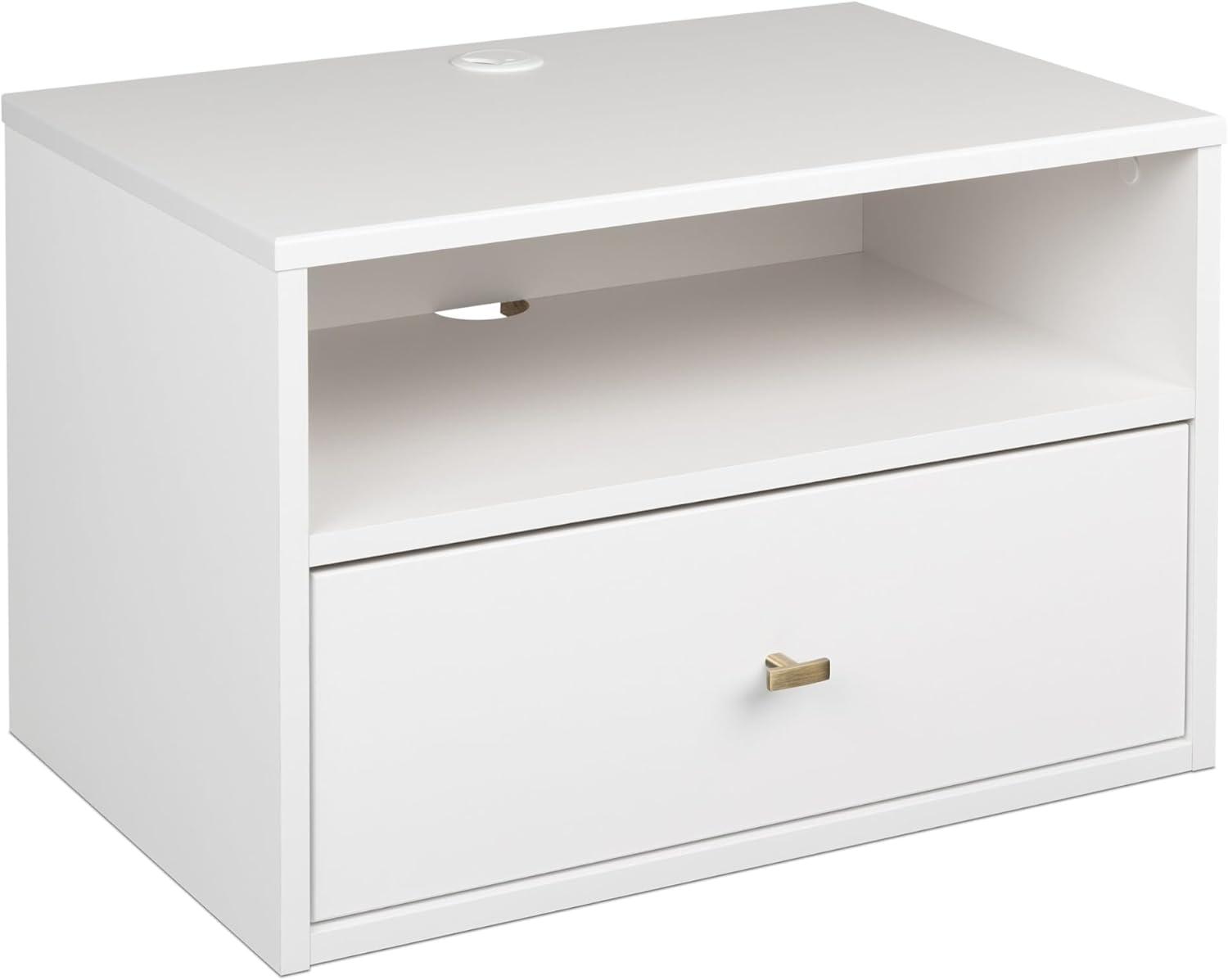 Sleek White Floating Nightstand with Drawer and Cord Management