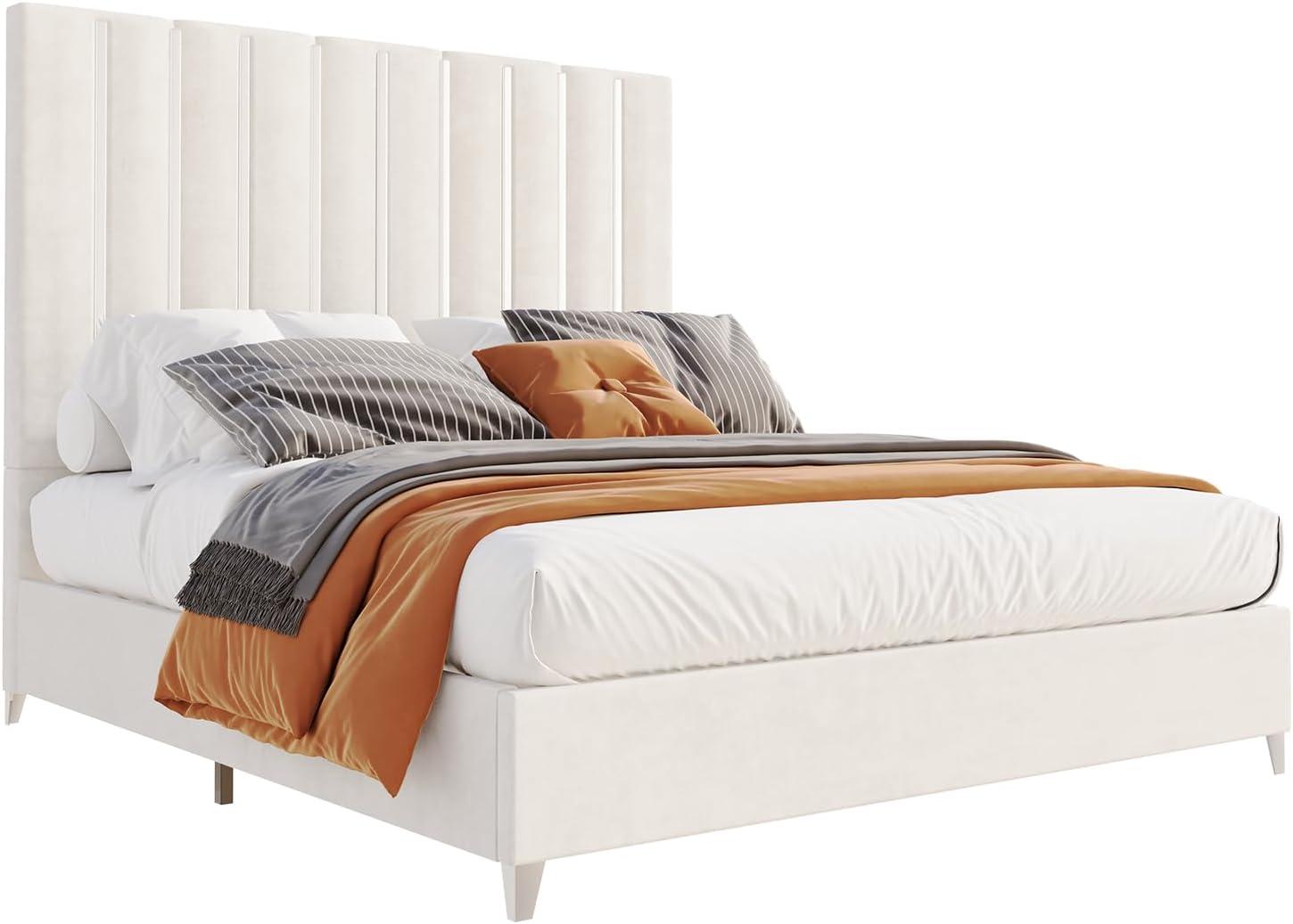 Cream Velvet Queen Bed Frame with Tall Headboard and Silver Trim