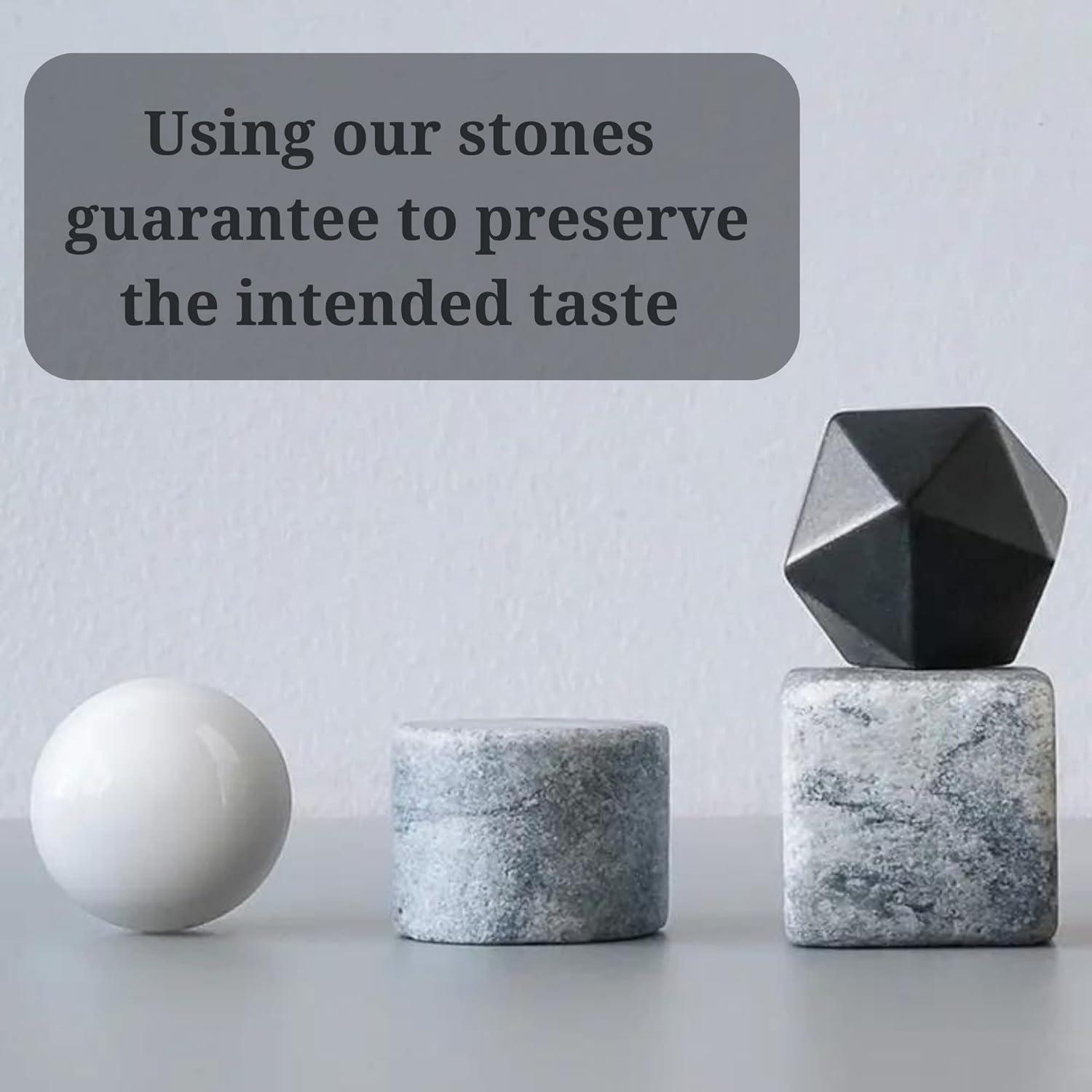 A&A Wonders Premium Whiskey Stones 100% Natural Granite Set of 4 Chilling Rocks Stone Reusable Ice Cubes for Drinks with Velvet Carrying Pouch, Gift for Whiskey Lovers