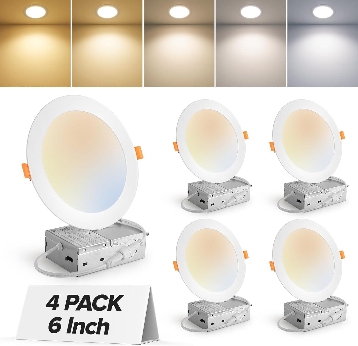 Beslowe 6 Packs 6 Inch 5CCT LED Recessed Ceiling Lights Ultra-Thin with Junction Box, 12W 150W Eqv, 3000K/3500K/4000K/5000K/6500K, 1200LM Dimmable Canless Downlights for Kitchen Hallway Dining Room