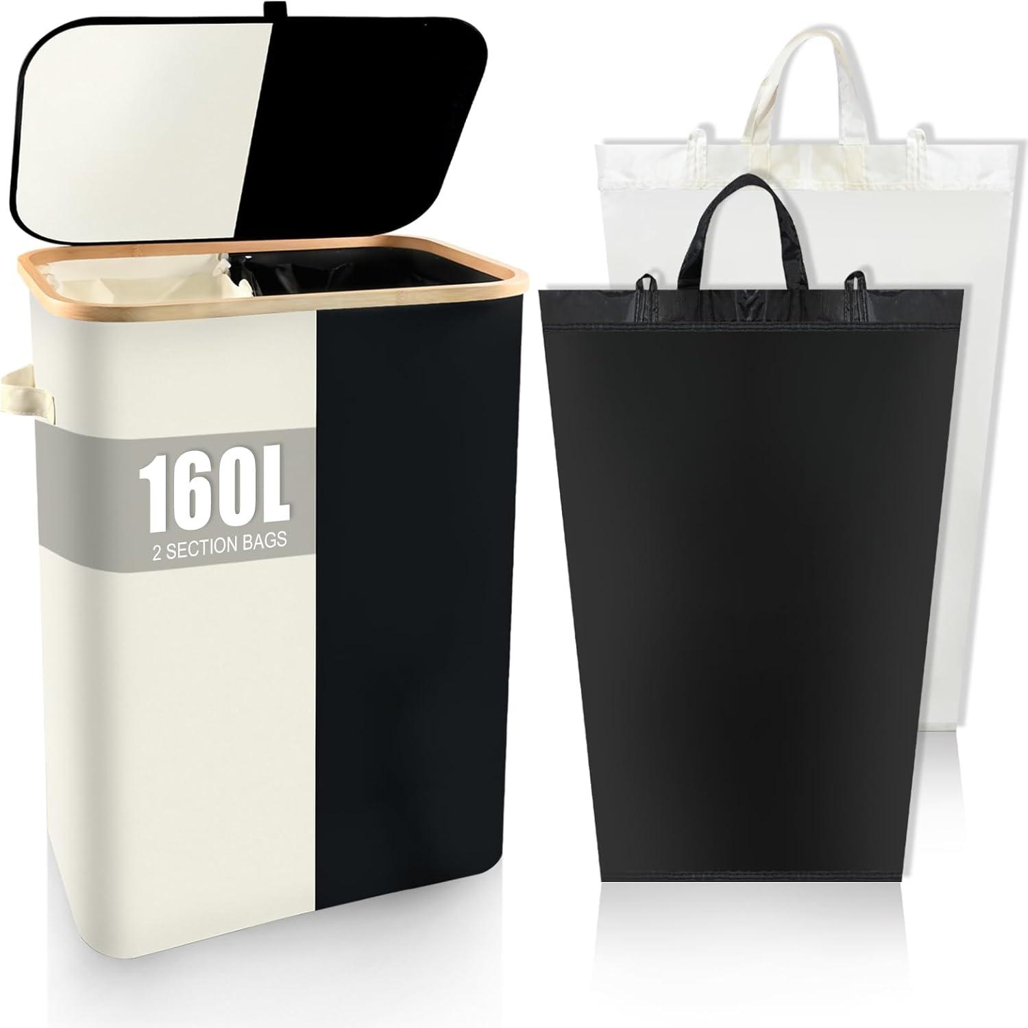 Efluky Laundry Basket with Lid and Removable Bag, 100L Tall Laundry Hamper with Bamboo Handles, Aesthetic Dirty Clothes Bin for Laundry Room, Bathroom, Bedroom and Dorm,Grey