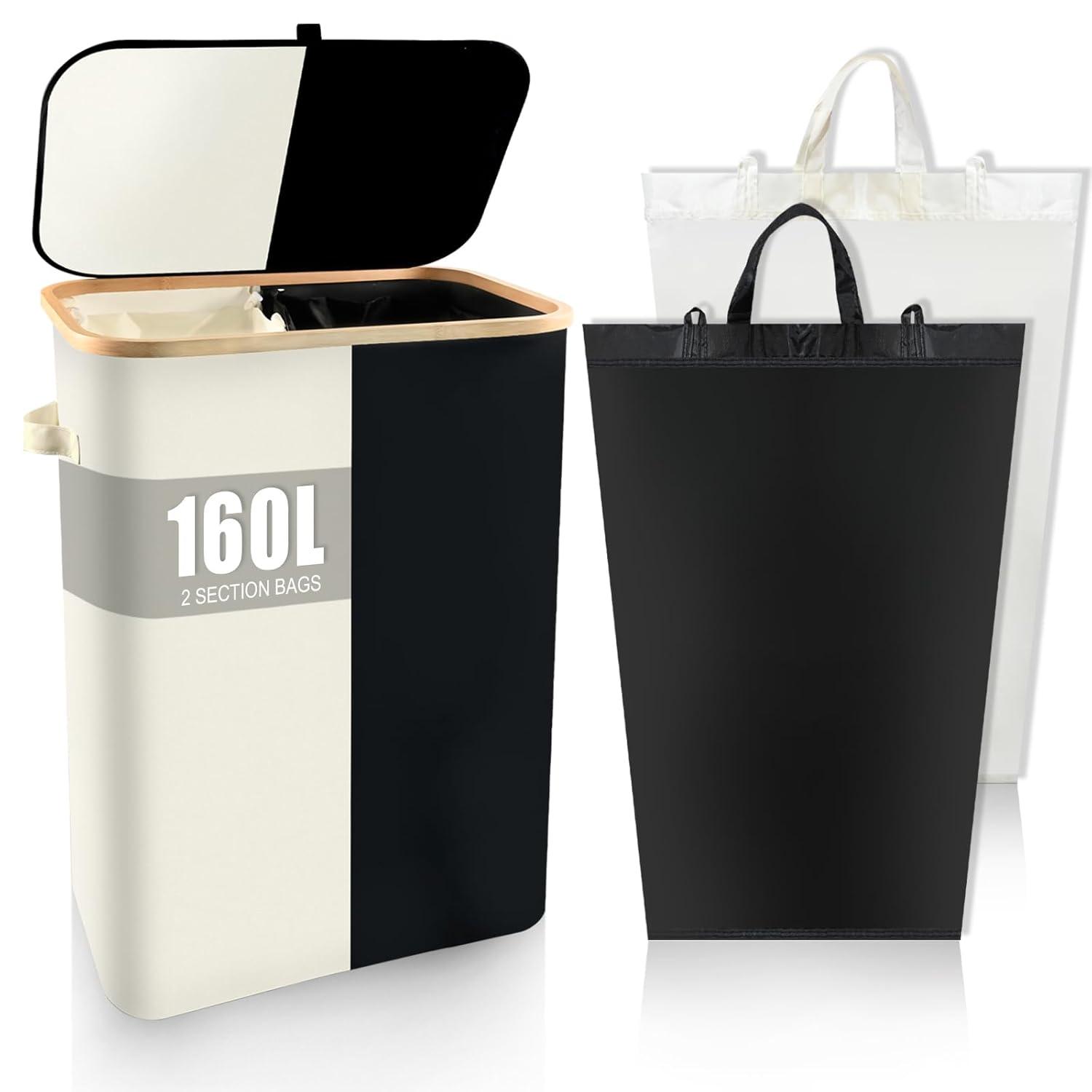 Efluky Laundry Basket with Lid and Removable Bag, 100L Tall Laundry Hamper with Bamboo Handles, Aesthetic Dirty Clothes Bin for Laundry Room, Bathroom, Bedroom and Dorm,Grey