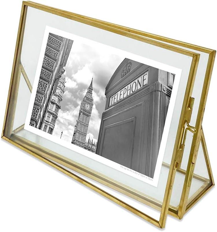 Isaac Jacobs 6x4, Antique Gold, Vintage Style Brass & Glass, Floating Photo Frame Horizontal, Metal Locket Closure & Angled Base, Horizontal