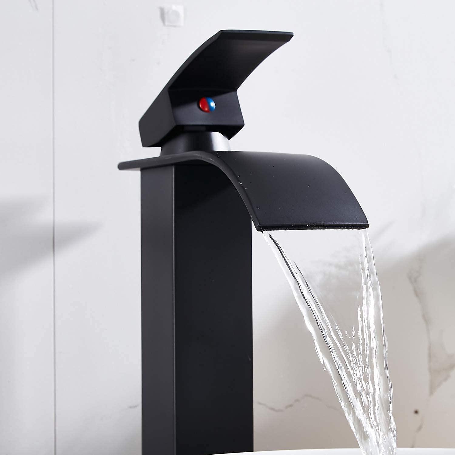 Waterfall Bathroom Faucet Single Handle，Bathroom Sink Faucet 1 Hole，Waterfall Faucet for Bathroom Sink，Vessel Sink Faucet Matte Black Tall Bathroom Faucet