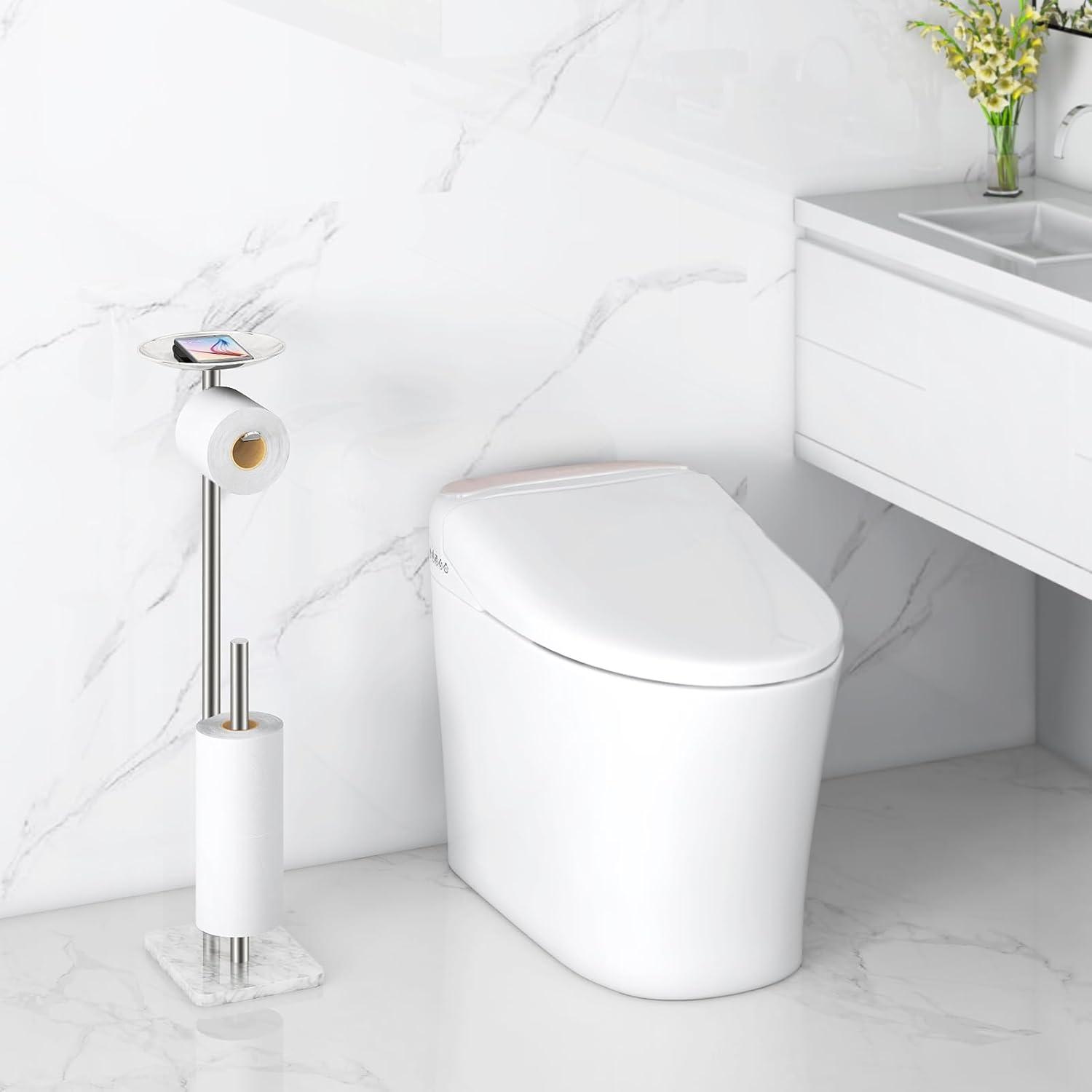 Toilet Paper Holder Free Standing With Marble Base: Stainless Steel Toilet Paper Holder Stand With Top Tray For Candles, Cell Phone And Wet Wipes, Storage 4 Mega Roll Papers (Brushed Nickel)