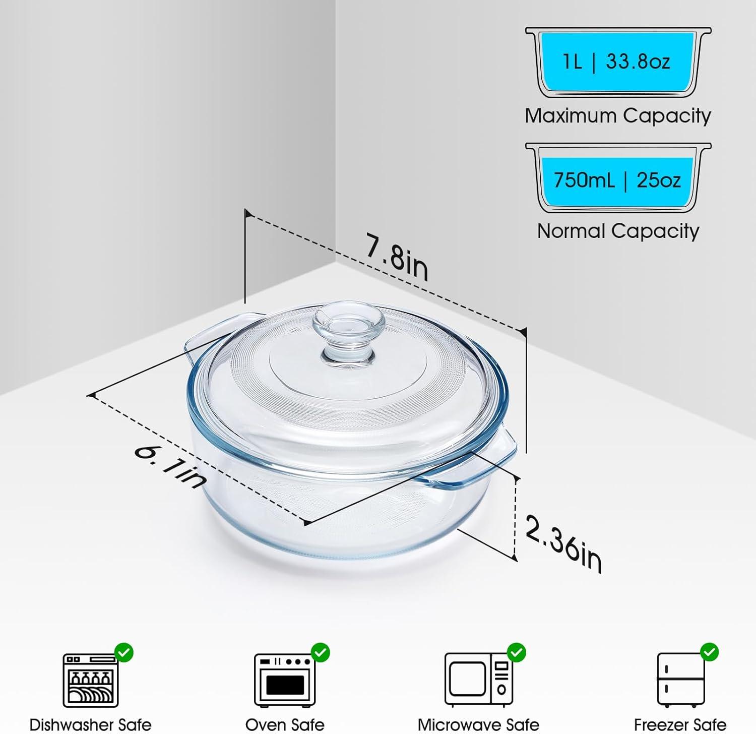 NUTRIUPS 0.8L Glass Casserole Dish with Lid Oven Safe Square Casserole Dish 5.9in Glass Microwave Bowl With Lid Microwavable Cookware (25oz-Mini)