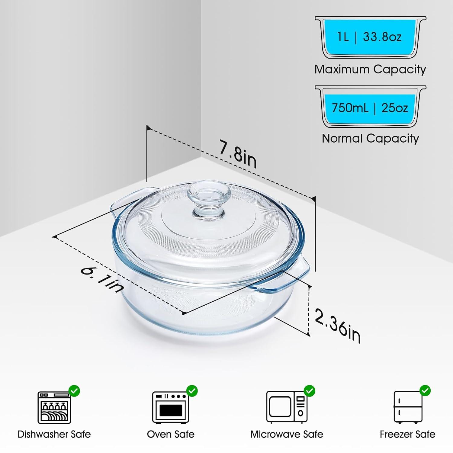 NUTRIUPS 0.8L Glass Casserole Dish with Lid Oven Safe Square Casserole Dish 5.9in Glass Microwave Bowl With Lid Microwavable Cookware (25oz-Mini)