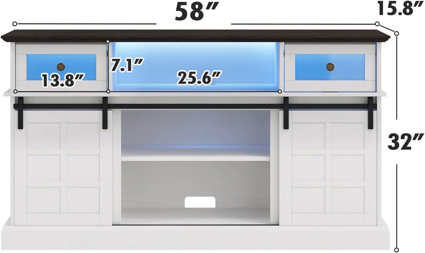 Farmhouse TV Stand W/LED Light, White TV Stand For 65 Inch Tvs, Entertainment Center TV Cabinet Stands With Flip Drawers, Sliding Barn Door TV Center Media Console Table For Living Room Bedroom