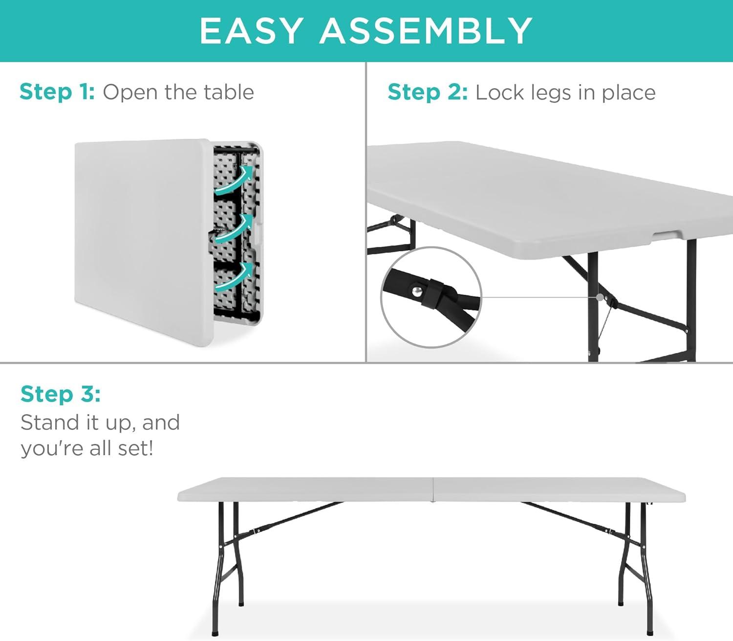 8ft Plastic Folding Table, Indoor Outdoor Heavy Duty Portable w/ Handle, Lock for Picnic