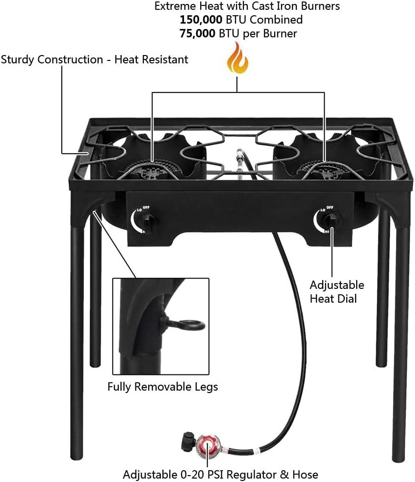 High-Pressure Black Cast Iron 2-Burner Portable Gas Stove