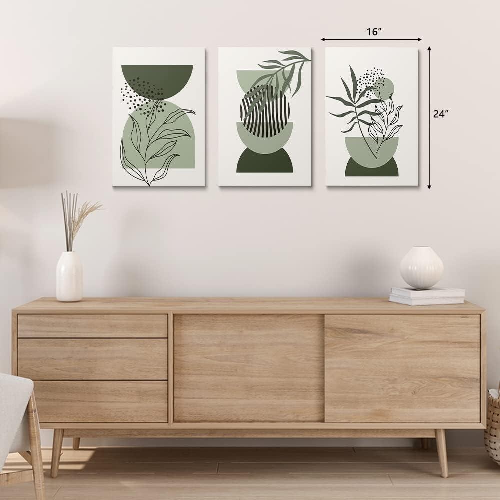 Framed Boho Wall Art, Abstract Sage Green Wall Decor Palm Leaf Sun Moon Line Green Canvas Painting, Minimalist Geometric Boho Room Decor, Sage Green Wall Posters & Prints for Living Room,